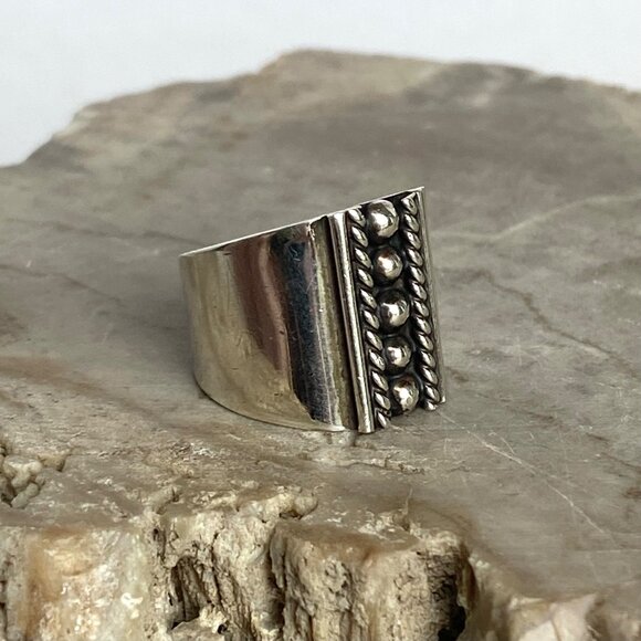 Sterling Silver 925 ATI Mexico Bead Ball Wide Band Ring Tapered Shank Sz 5.5 - Picture 5 of 16